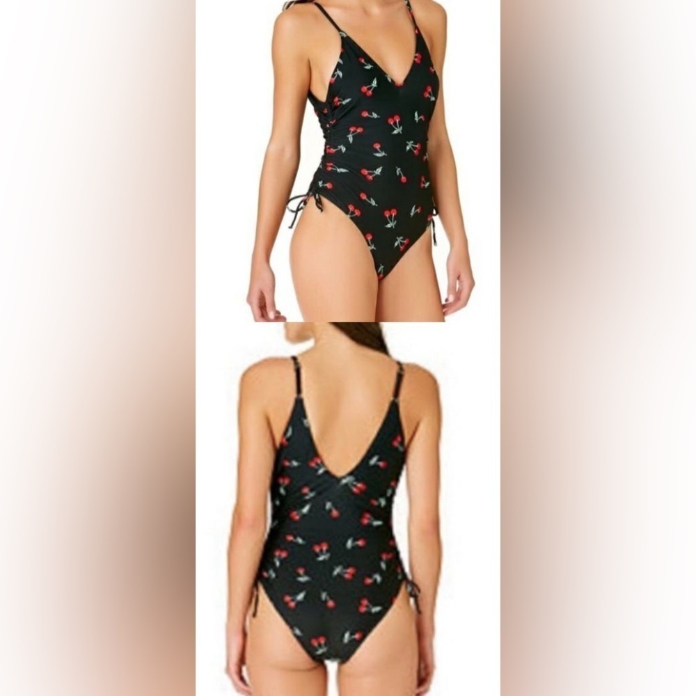 California Sunshine Cherry Print One Piece Swimsuit Ruched Tie Sides Size M
